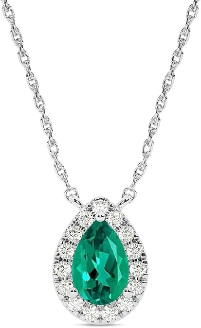 Lab Created Emerald and Lab Grown Diamond Halo Necklace for Women | 10K Solid Floating White Gold Diamond Pendants | Multiple Shapes and Weights to Choose From