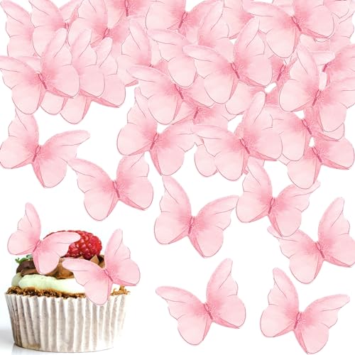 48 Pcs Wafer Paper Butterflies - Pink Butterfly Cake Toppers for Wedding, Birthday, Anniversary
