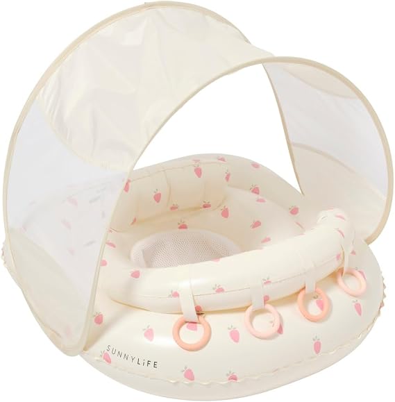 SUNNYLiFE Baby Float with Canopy UPF40 Infant Pool Float, Adjustable Fabric Seat, 4 Silicone Play Rings | 6-12 Months - Strawberry Sunshine Pink