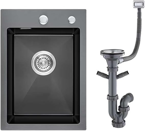304 Stainless Steel Kitchen Sink 35 x 50 cm, Small Black Sink | Drain Set, Inset Sink with Tap Hole and Overflow, 1 Bowl