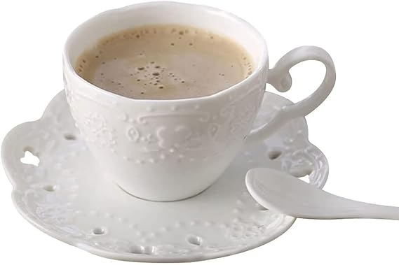 Euro Style Cup& Saucer Set Art Bone China Ceramic Tea Coffee Cup for Breakfast Home Kitchen- Embossed Flowers (White)