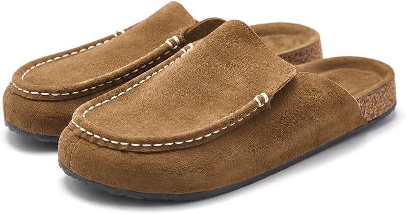 Premium Suede Clogs for Men- Slip-On Cork Mules with Natural Cork Footbed, Breathable Non-Slip Rubber Outsole, Casual Comfortable Closed-Toe Slippers for Indoor Outdoor