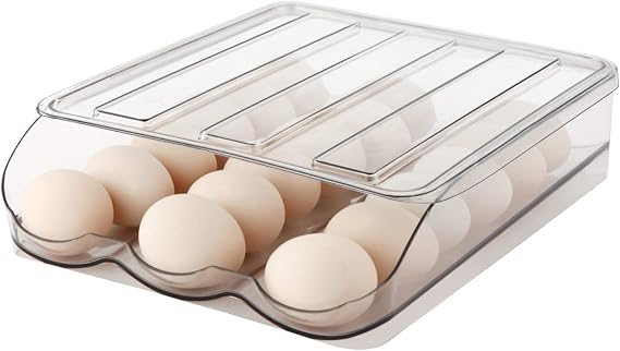 MesRosa Egg Holder for Fridge, Automatic Rolling Container Storage 18 Eggs | Clear Large Capacity Egg Organizer for Refrigerator with Lid, Stackable Dispenser, Tray & Bin, Saving Space -1 Layer