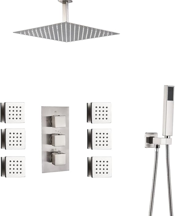 Ceiling Mounted Shower System, Thermostatic 3-Way Shower Valve, 6 Massage Body Sprays, Brushed Nickel Finish, 8 inch