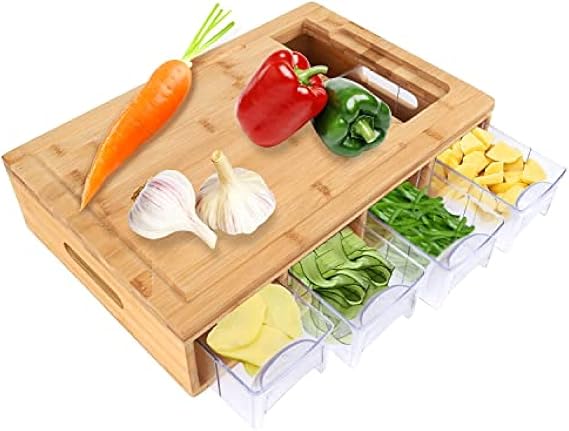 Cutting Board with 4 Containers, Large Bamboo Chopping Board with Drawers, Kitchen Board 11x16x4 inch
