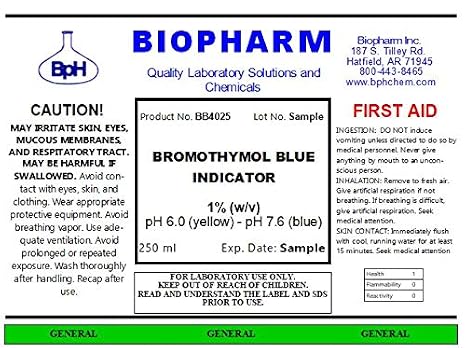 Biopharm Bromothymol Blue Indicator Solution 1% (w/v), 250 mL (8.4 fl oz) | Includes Labeled 2-oz Dropper Bottle For Easy Use. Convenient Dispensing Cap Included. pH Range 6.0 (Yellow) - pH 7.6 (Blue)