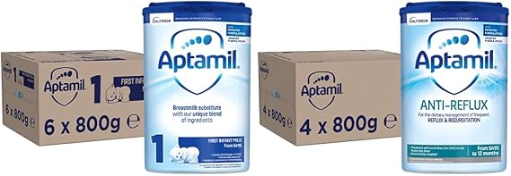 Aptamil First Infant Milk Stage 1 from Birth, 800 g, Pack of 6 & Anti-Reflux Baby Milk Powder Formula, from Birth, 800g (Pack of 4)