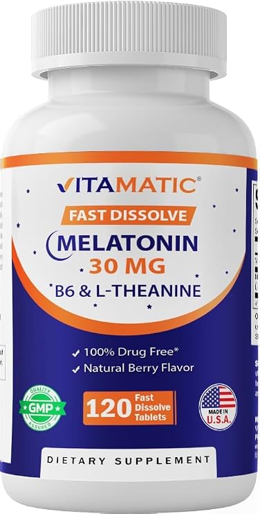 Vitamatic Melatonin 30 mg with L-Theanine & VIT. B6, 120 Fast Dissolve Tabs | Supports Restful Sleep and Promotes Relaxation*, Natural Berry Flavor, Non-GMO, Gluten Free, Made in USA
