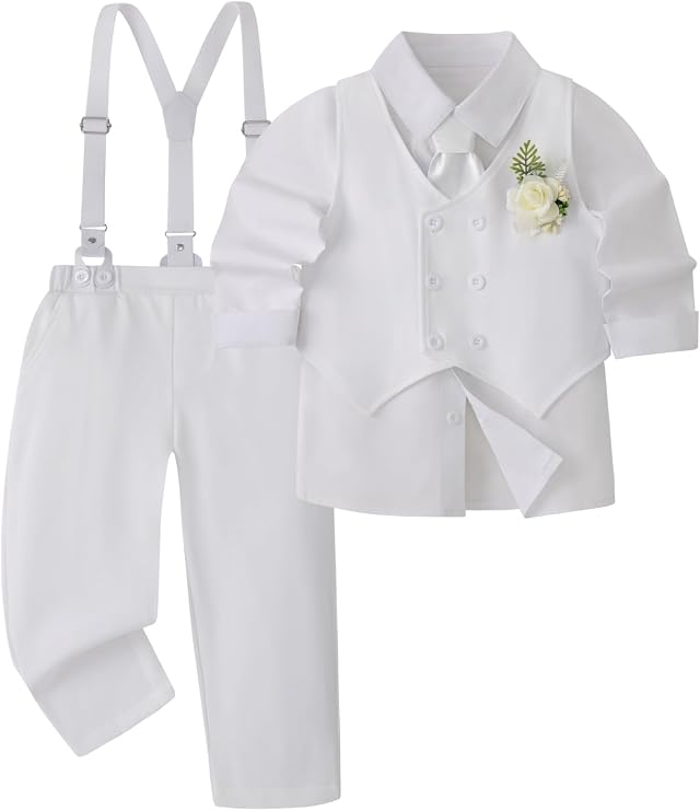 HOZIY Toddler Boy Clothes Suit Gentleman Outfits Formal Dress Shirt+Tie+Vest+Corsage+Suspender+Pants 6PCs Sets for 1-7 Years
