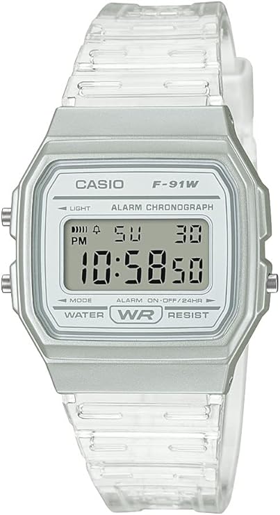 Casio F91W Series Classic Quartz Watch Water Resistant 1/100 Second Stopwatch Daily Alarm Hourly Time Signal Auto Calendar SS Case Back 12/24 Hour Format
