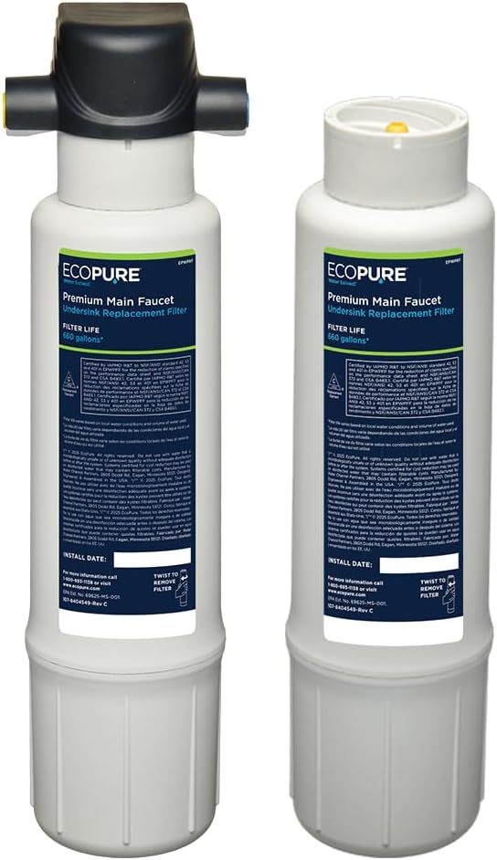 EcoPure 2600 GPD Under Sink Filtration System (EPWPFF) and Replacement Filter | Direct Connect to Kitchen or Bathroom Faucet | NSF Certified to Reduce Lead, Microplastics & PFAS (PFOA/PFOS)