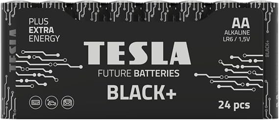 Tesla Batteries Black+ AA Maximum Power Alkaline Batteries, 10- Year Shelf Life, A Long-Lasting Battery Life, Leak-Free, LR06, 24 Count [Pack of 1]