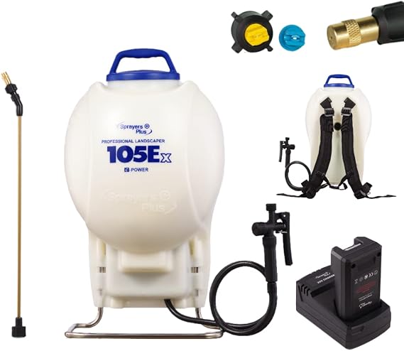 Sprayers Plus 105ex Backpack Sprayer 4 Gallon Battery Powered, 20V Lithium Battery, Chemcial Resistant Viton Seals Brass Wand, Adjustable Nozzles for Lawn Care Gardening Weed Control