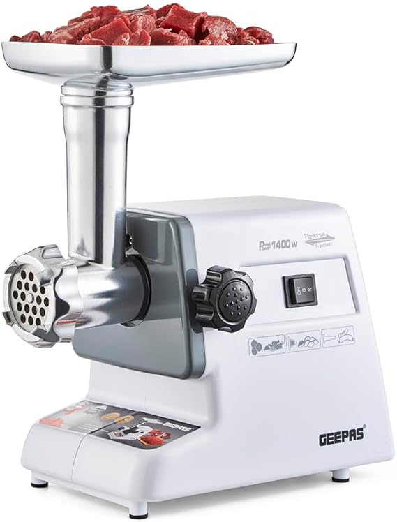GEEPAS 1400W Electric Meat Grinder Food Grinding Mincing Machine White | Meat Mincer Sausage Kibbe Attachment 3 Cutting Plates Reverse Function