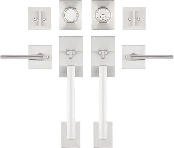 Double Door Handle Sets with Single Cylinder Deadbolt, Rectangular Adjustable Entry Door Lock Sets with Dummy (Arch Lever, Brushed Nickel)