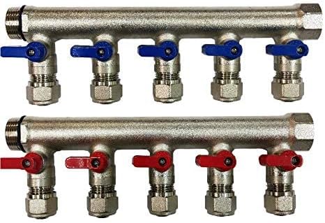 3/4" 5 Loops Plumbing Manifolds w/ 1/2" Pex Ball Valves, Red and Blue Handles