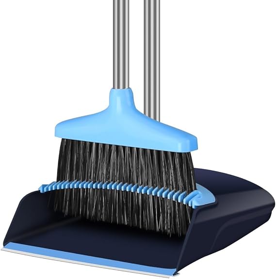 FGY Broom and Dustpan Set 48" Long Handle Broom and Collapsible Dust Pan Combo for Home Office Kitchen (Dark Blue)