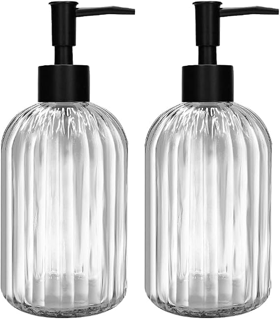 Pack of 2 Glass Soap Dispenser with Black Pump 400 ml Refillable Pump Dispenser for Kitchen Bathroom Order Laundry Room Liquid Glass Bottle for Washing Up Liquid Shampoo Conditioner