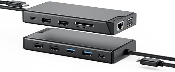 ALOGIC USB-C 12-in-1 Mini Docking Station, Dual Display, 2xHDMI, 1xVGA, 100W PD, 2xUSB-C, 2xUSB-A 2.0, 2xUSB-A 3.0, RJ45, 1x SD/TF Port, MacBook/Surface & Other USB-C Devices Compatible.