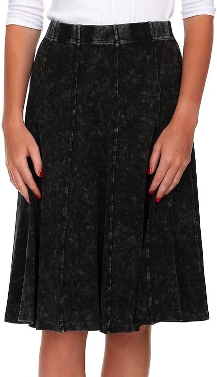 Womens/Teens Thin Ribbed Stonewash Denim Panel Midi Skirt with Elastic Waist Mutiple Lengths