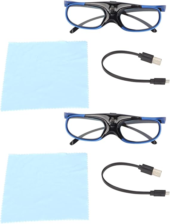 Active Shutter 3D Glasses, Rechargeable 144Hz DLP Link Quick Sync Flip Design for Home Theater Gaming PC Black Blue 2 Pack