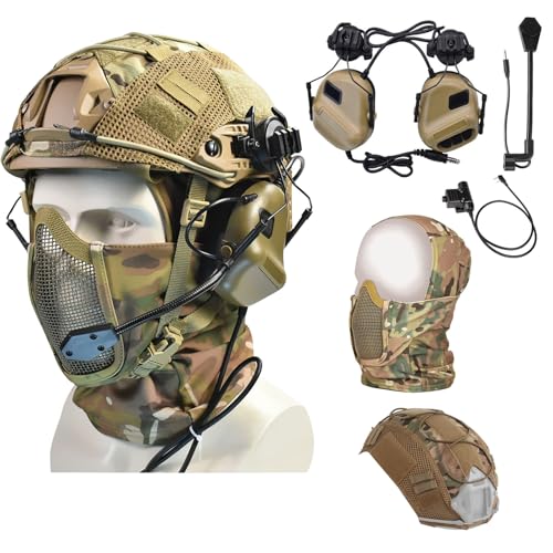 Airsoft Tactical Fast Helmet with Tactical Communication Headset Noise-Canceling U94 PTT AdapterMicrophone Set,Tactical Full Face Mask Headgear for Outdoor Sports CS Game