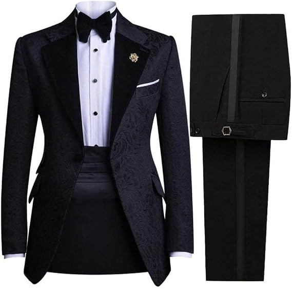 Men's Jacquard Blazer Suit Sets Jacket and Pants 2 Piece Peaked Velvet Lapel Wedding Prom Tuxedo Groom Formal Party