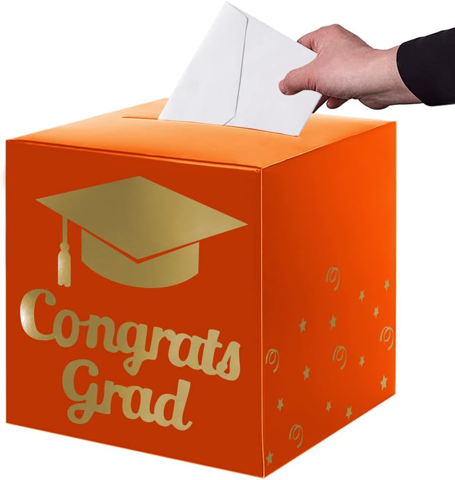 Graduation Card Box Holder, Congrats Grad Foldable Cardboard Decorations Box for Graduation Party Decoration and Grad Parties Orange