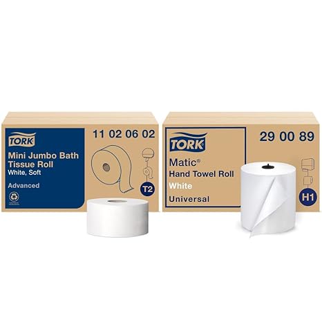 Tork Mini Jumbo Bath Tissue Roll (12 rolls) and Tork Matic Paper Hand Towel Roll (6 rolls)