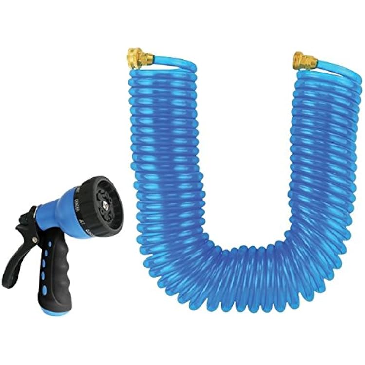 Rocky Mountain Landscapers Select Coiled Garden Hose with 10 Pattern Spray Nozzle 50 Foot by 38 - Leakproof - Heavy duty UV stabilized - Drinking Water Safe - Solid brass fittings