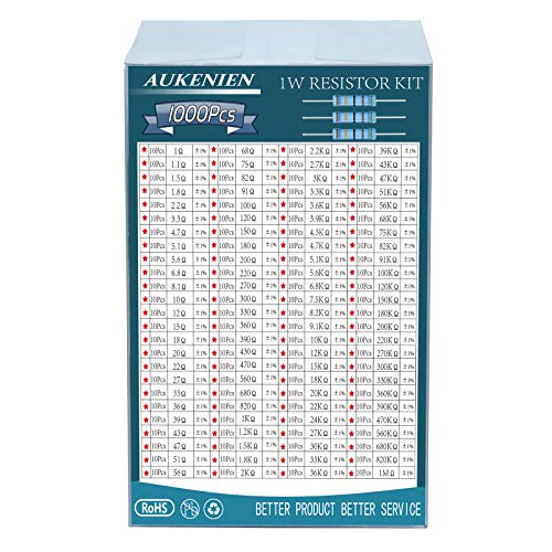 AUKENIEN 100 Values 1000pcs 1W Resistor Kit, 1 Ohm - 1M Ohm 1 Watt Metal Film Resistor Assortment Kit with 1% RoHS Compliant for Arduino DIY Projects and Experiments , K, M