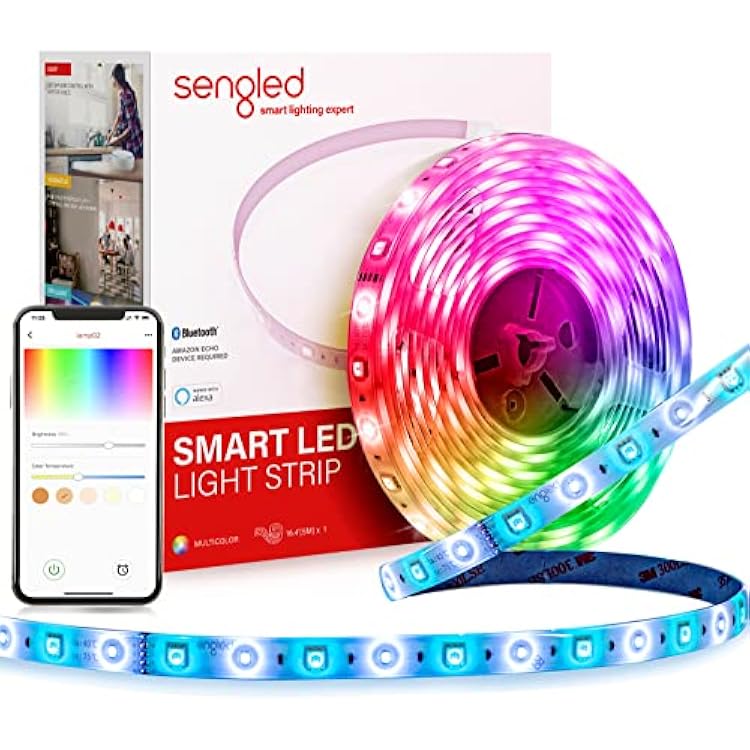 Sengled Smart Bluetooth Mesh LED Multicolor Light Strip, 5M 16.4ft, Works with Amazon Echo and Alexa, High Brightness with 16 Million Colors, RGBW, 450 LumensMeter B1G-G8EX