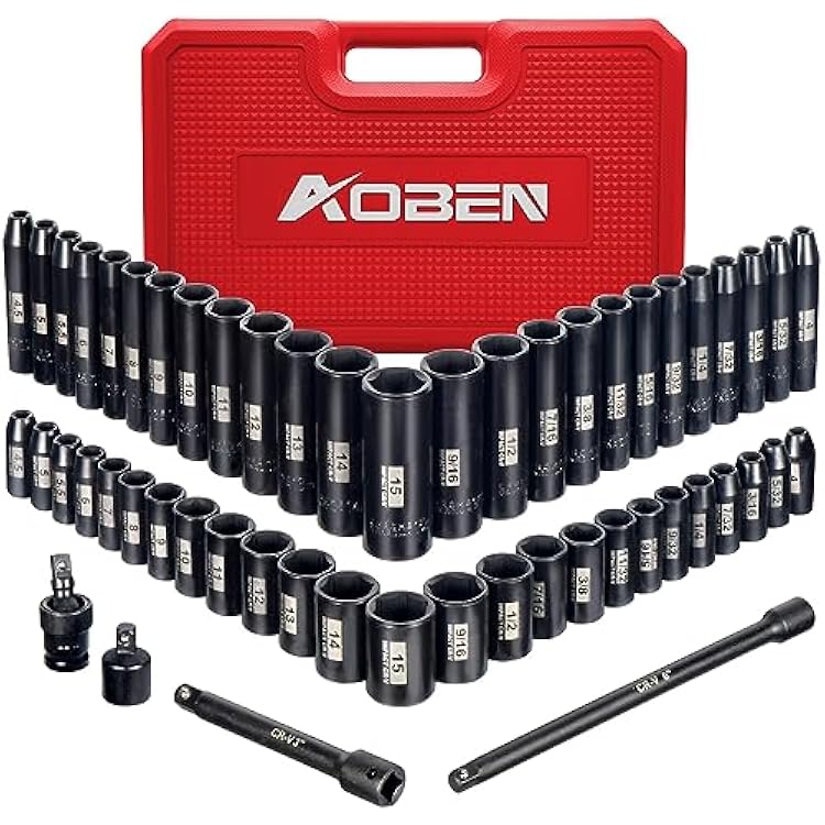 AOBEN 14-Inch Drive Impact Socket Set, 54 Pieces, 6 Point, SAEMetric, 532 - 916 ,4mm -15mm,DeepShallow, Cr-V Steel, Includes Extension bars and Socket Adapter