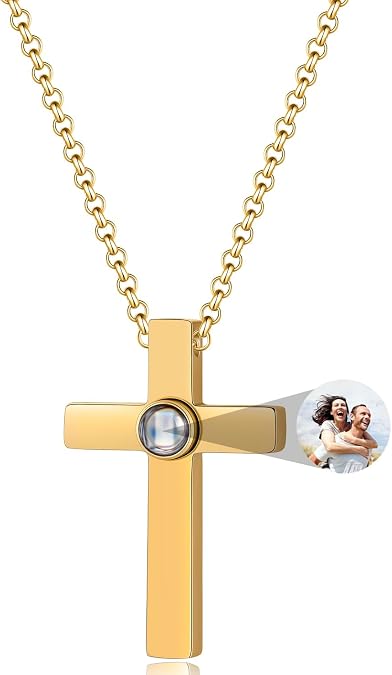 Photo Necklaces for Women Men Personalized Projection Cross Pendant Custom Picture Jewelry for Couples Customized Fathers Day Birthday Anniversary Memorial Gifts for Him Her