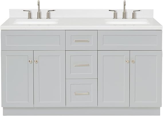 ARIEL Hamlet 60 in. Double Rectangle Sink Bathroom Vanity with Carrara White Quartz Countertop 1.5 Edge in Grey