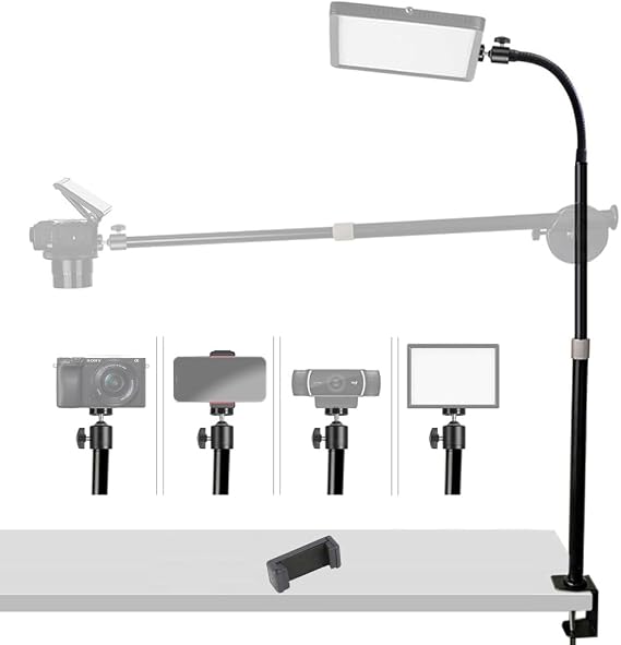 Camera Desk Mount Extendable Table Stand with Gooseneck Arm, C Clamp, 1/4" Ballhead, Phone Holder, 14"-32" Adjustable for DSLR Camera, Phone, Ring Light & Webcam, Live-Streaming (Vertical)