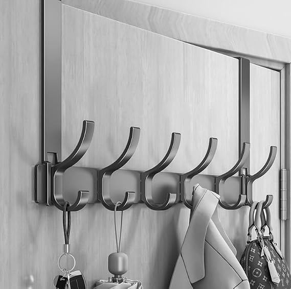 Over The Door Hook with 12 Hooks, Heavy Duty 20kg, No Drilling Over Door Hanger, Rust Resistant Aluminium Door Hook Rack, Space Saving Coat & Towel Rack for Bathroom, Bedroom, Kitchen, Grey