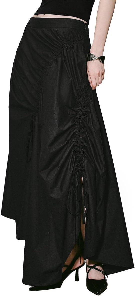 URBAN REVIVO Women's Ruffle Skirts Drawstring Ruched Asymmetrical A-Line Midi Skirt with Slit Sexy Y2K Trendy