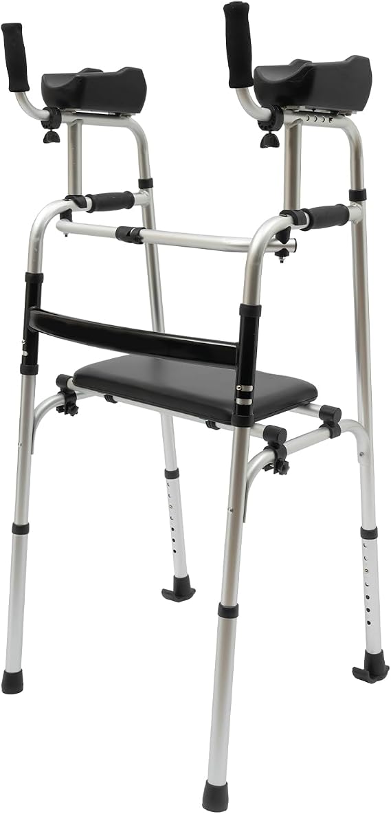 Upright Walker Folding Rollator Walking Frame with Seat and 2 Wheels - Outdoor Stand Up Walker 100kg Capacity - Tall Standing Rollator for Provide Support and Balance