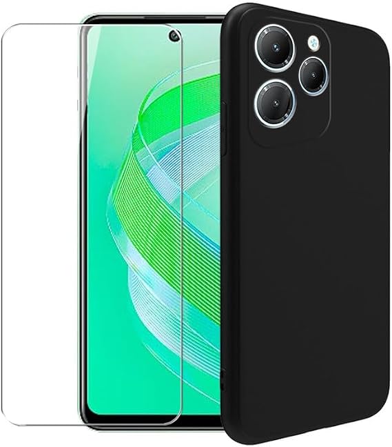 Case for Infinix Smart 8 + Glass Screen Protector Tempered Film - Transparent Silicone Soft Flexible Bumper Shockproof TPU Protective Cover Shell for Infinix Smart 8 (Black)