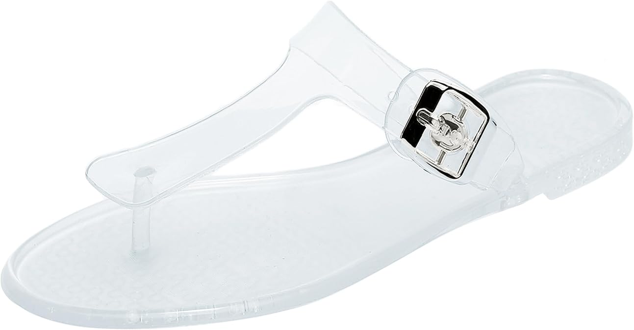 Women Sandals Thong Flip Flops Jelly Shoes Adjustable T-Strap Jellies Flats Clear Dress Slipper Summer Beach Pool Slides Size 10 Slip On Quick Dry Soft