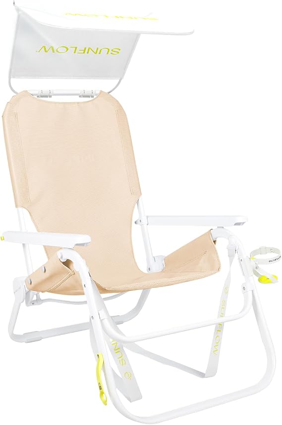 Shore Thing Reclining Beach Chair with Sun Shade, Creamsicle | Adjustable, Rust-Resistant, Portable Folding Chair with UPF 50+ Sun Protection and Drink Holder for The Ultimate in Comfort