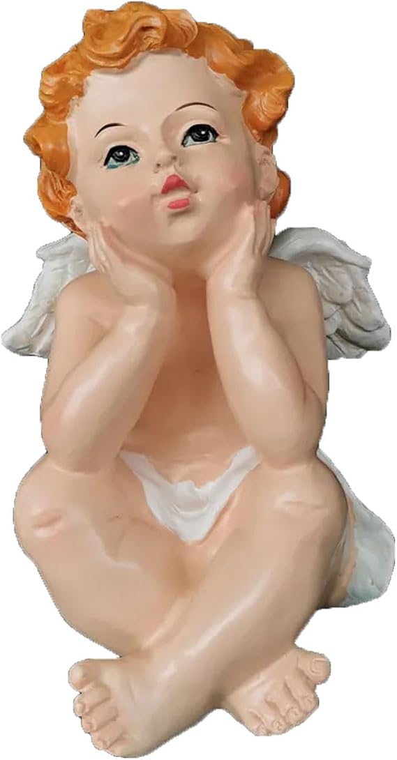 Cute Angle Statue Resin Cherub Statue Indoor Outdoor Home Garden Decoration Wings Angel Figurine Collection Ornament (Holding The Chin with Both Hands)