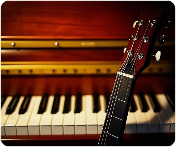 Gaming Mouse Pad Closeup of Guitar Standing Near Open Piano on Dark Background Effect Photo Non-Slip Rubber Mouse Pad for Computers, Laptop, Office 9.5 Inch x 7.9 Inch