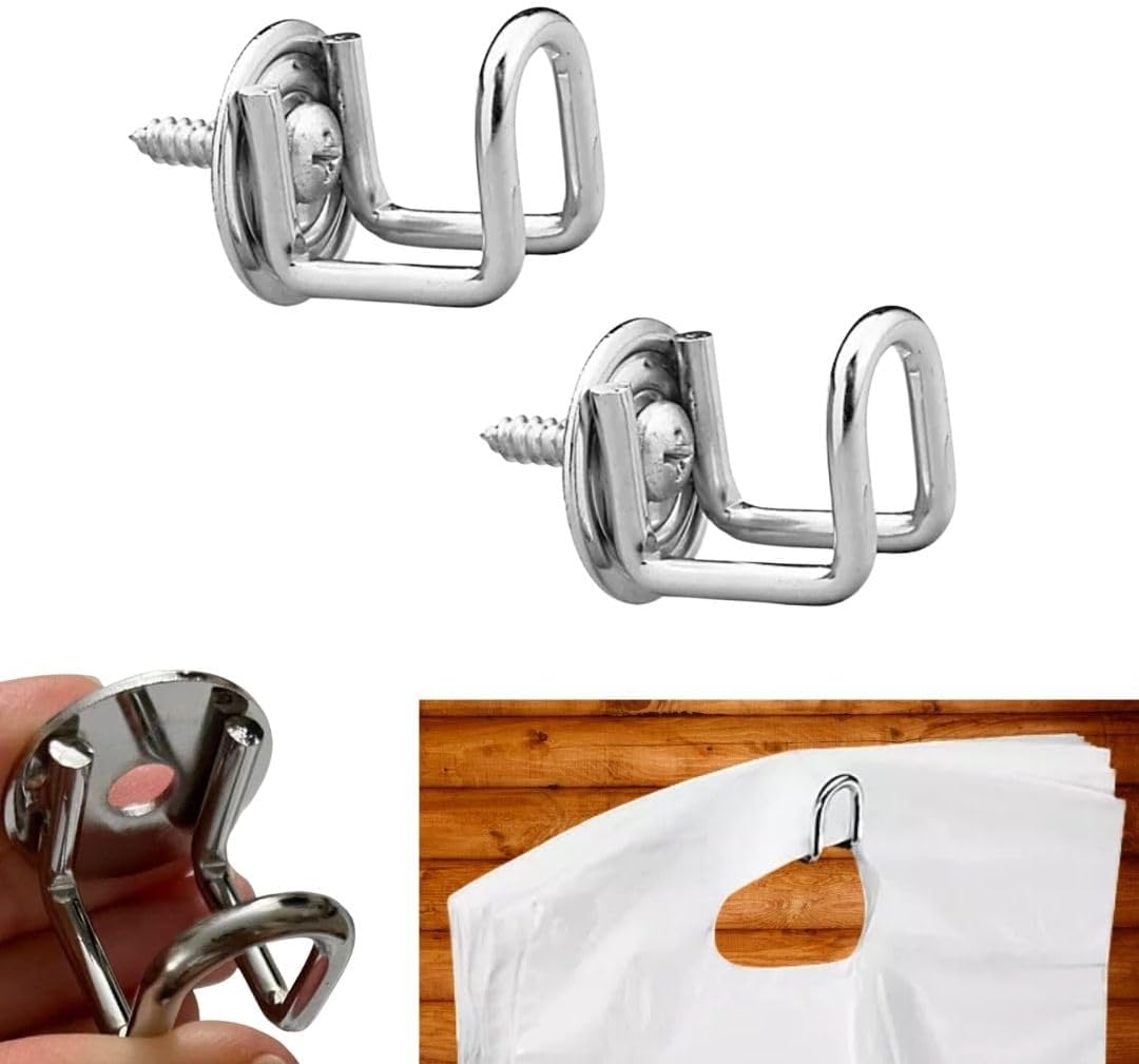 2 Pack - Wall Mount T-Shirt Bag HookShopping Bag Holder Hook, Chrome-Plated Steel Shopping Bag Holder for Market, Convenience Store, Retail, Kitchen, and Laundry Room - Holds 100 Bags