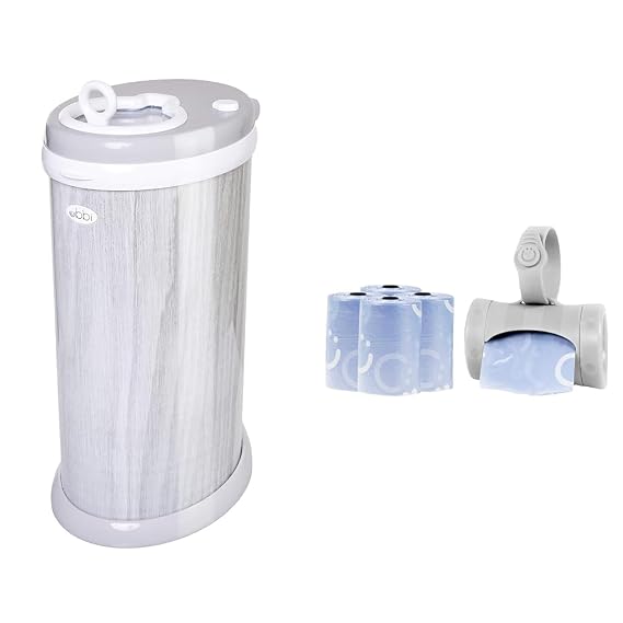 Ubbi Steel Diaper Pail, Odor Locking & On The Go Gray Bag Dispenser with 60 Lavender Scented Bags Baby Bundle