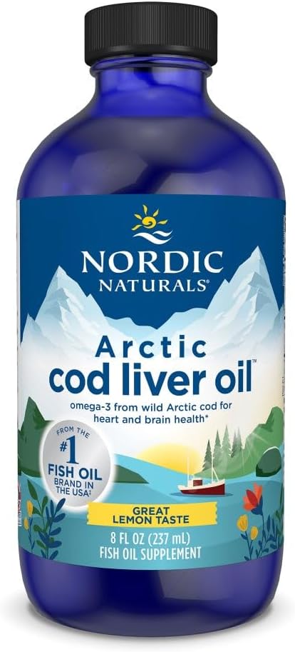 Nordic Naturals Arctic Cod Liver Oil, 1060mg Omega-3 Liquid, Lemon - 8oz | EPA+DHA from wild Arctic cod. Heart, brain, immune support. Vitamins A+D. Overall Wellness. Non-GMO. 48 servings.