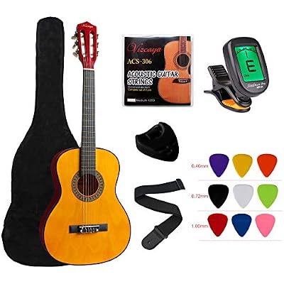 Vizcaya Beginner 31 Classical Acoustic Guitar 14 Size Nylon Strings Classical Guitar With Gig Bag, Strap, Picks, Pick Holder, Extra Strings, Electronic Tuner for Students, Adults-