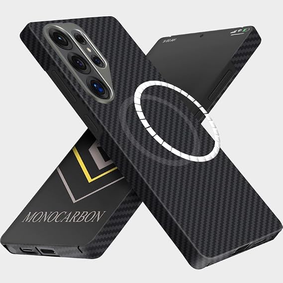 MONOCARBON Real Aramid Fiber Case for Samsung Galaxy S25 Ultra (6.9"), MagSafe Compatible, Ultra Slim & Lightweight Protective Hard Cover, with Metal Camera Frame & Screen Protection Edge