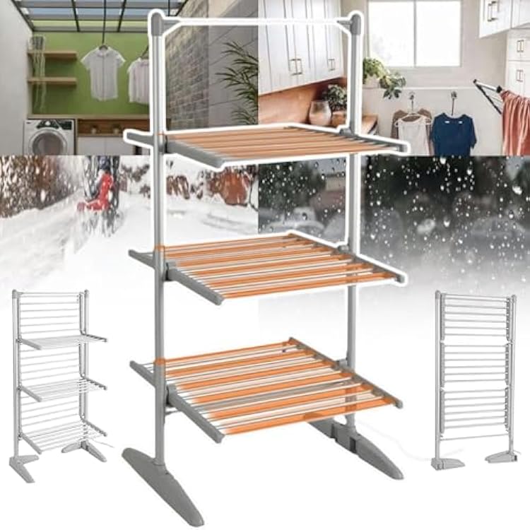Heated Clothes Drying Rack,Folding Dryer Clothes Airer,3 Tier Electric Heating Clothes Floor Shelves,Aluminium Laundry Drying Frame-Waterproof SwitchAnti-RustSpace Saving-Load 30kg ,Silver